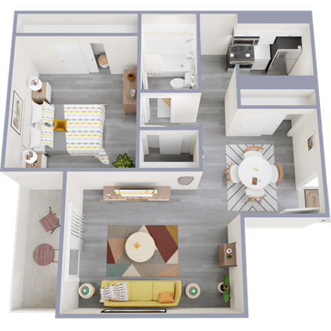 a 3d rendering of our 1 bedroom apartment at princeton court apartments in dallas
